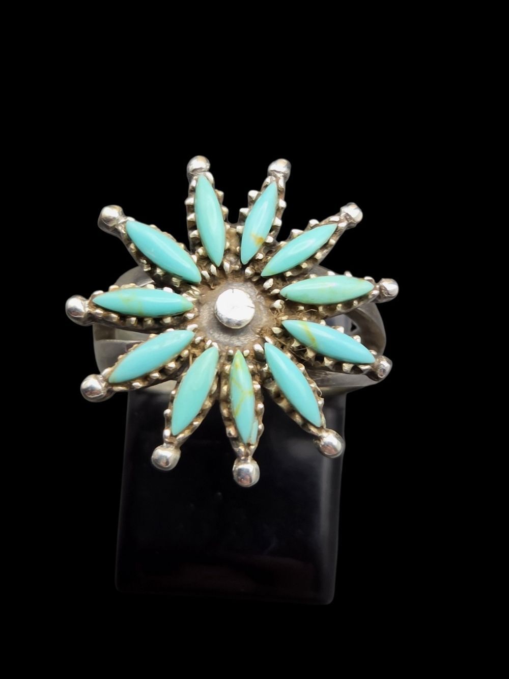 Sterling Silver Petit Point Turquoise Sunburst Ring, Sz 5.75